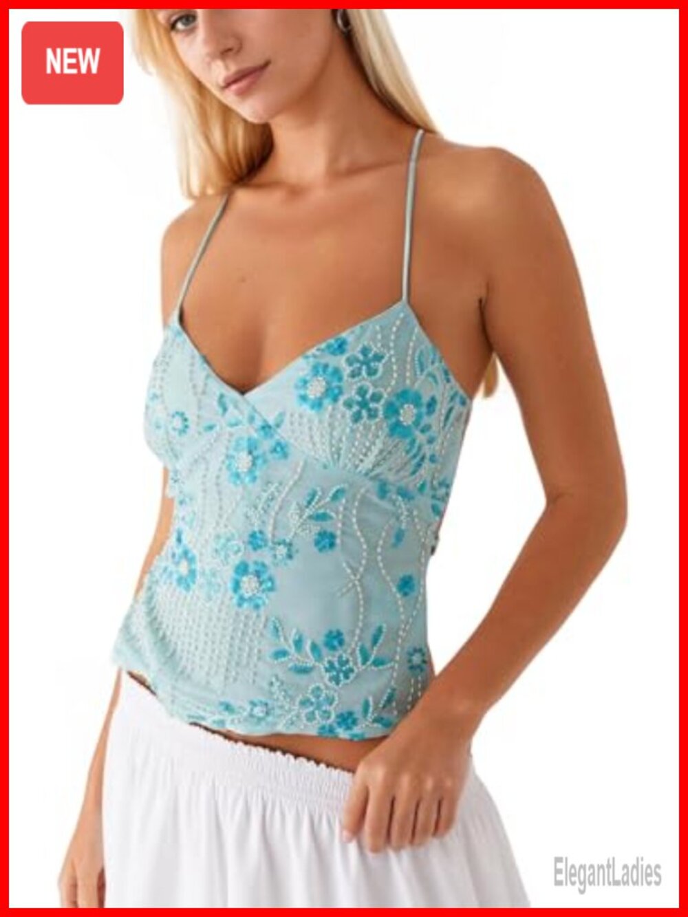 Women's Sequin Floral V-Neck Backless Crop Cami Top